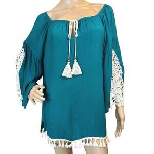 Ali Miles NWOT XL Tunic Top Blue Green BOHO Bell Sleeve Tassel Lace Relaxed Fit